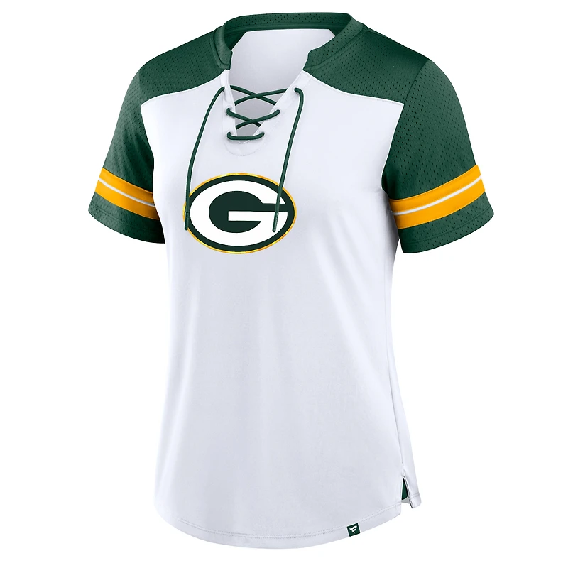 T-shirt à lacets primaire déjoué Fanatics pour femmes, blanc/vert, Green Bay Packers