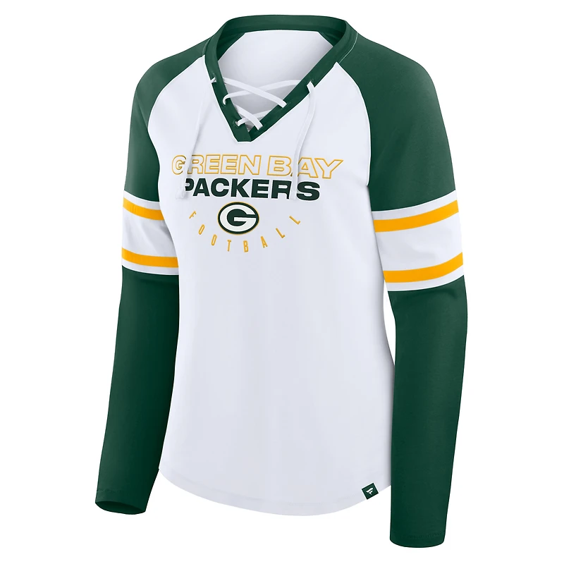Women's Fanatics White/Green Green Bay Packers Redzone Blitz Package Raglan Lace-Up V-Neck Long Sleeve T-Shirt