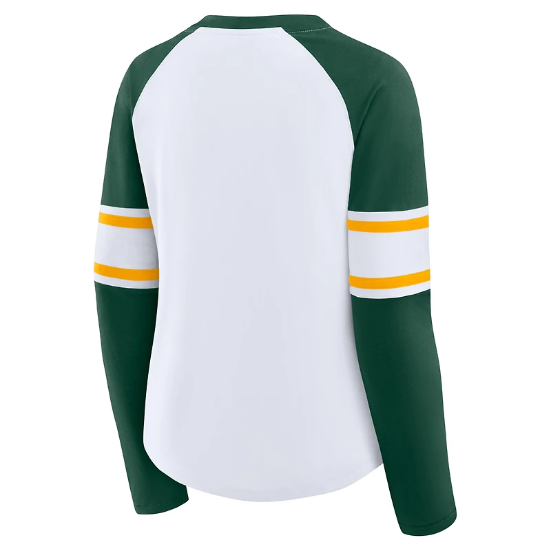 Women's Fanatics White/Green Green Bay Packers Redzone Blitz Package Raglan Lace-Up V-Neck Long Sleeve T-Shirt