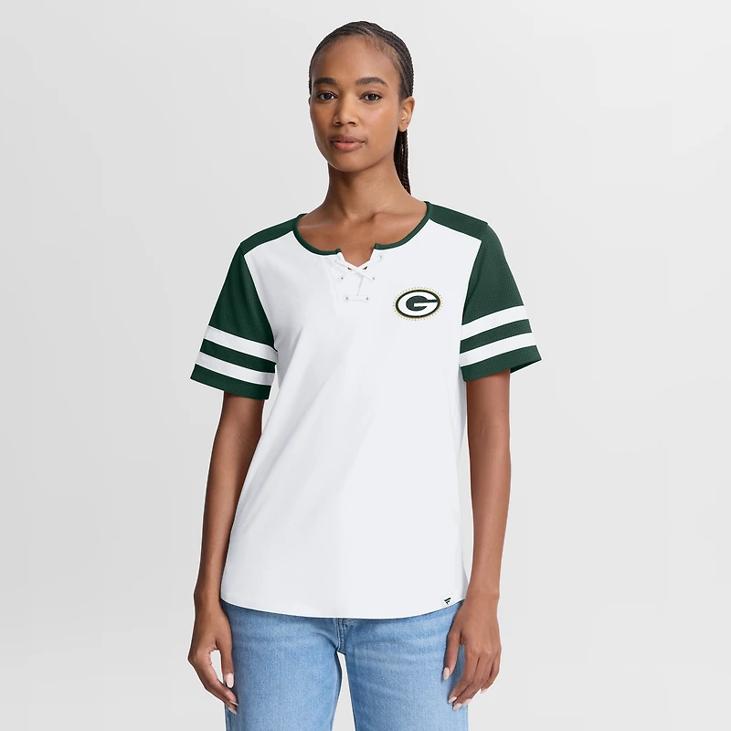 Women's Fanatics White/Green Green Bay Packers Touchdown Pass Athena Lace-Up T-Shirt