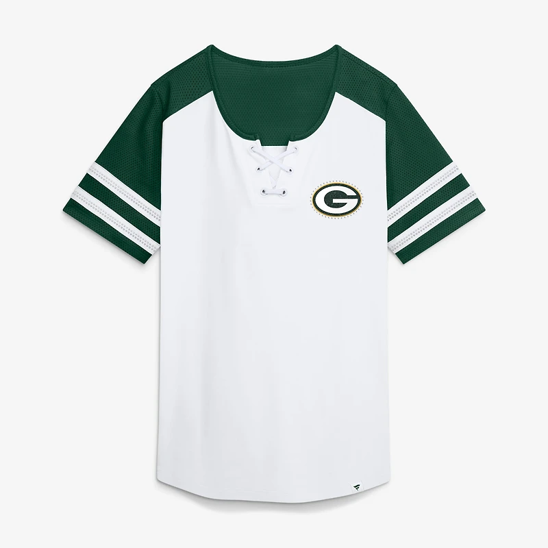 Women's Fanatics White/Green Green Bay Packers Touchdown Pass Athena Lace-Up T-Shirt