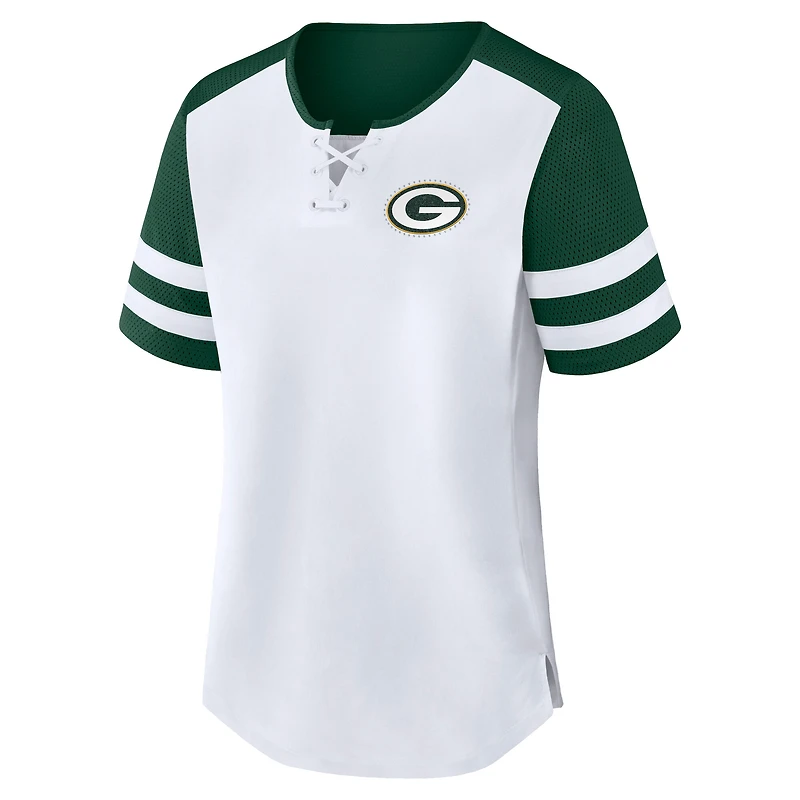 T-shirt à lacets Fanatics blanc/vert Green Bay Packers Touchdown Pass Athena pour femmes