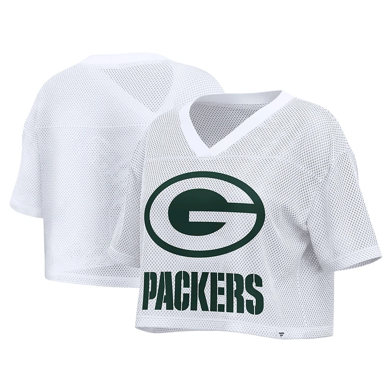 Women's Fanatics White Green Bay Packers Oversized Mesh Cropped V-Neck Jersey