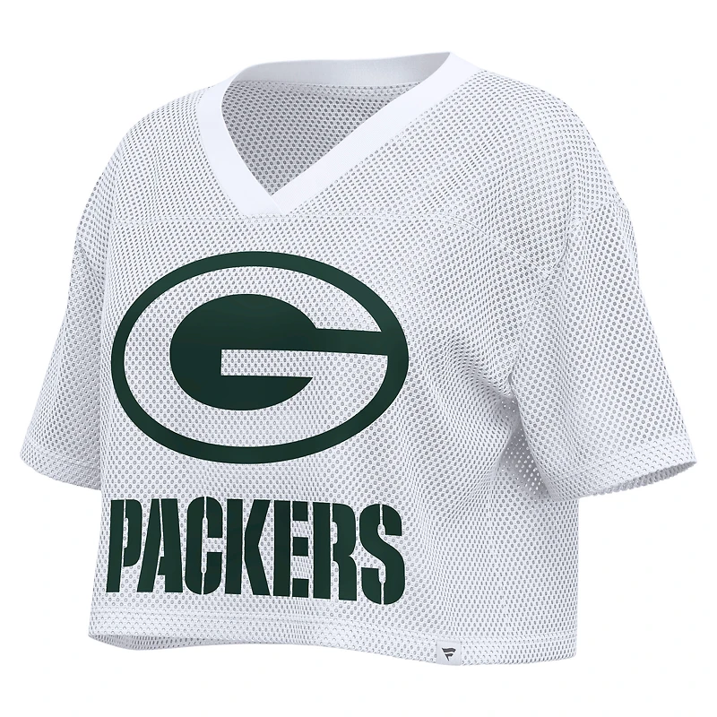 Women's Fanatics White Green Bay Packers Oversized Mesh Cropped V-Neck Jersey
