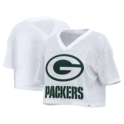 Women's Fanatics White Green Bay Packers Oversized Mesh Cropped V-Neck Jersey