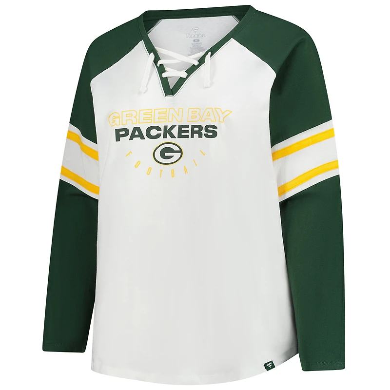 T-shirt à manches longues et lacets Redzone pour femme, blanc, grande taille, des Packers de Green Bay