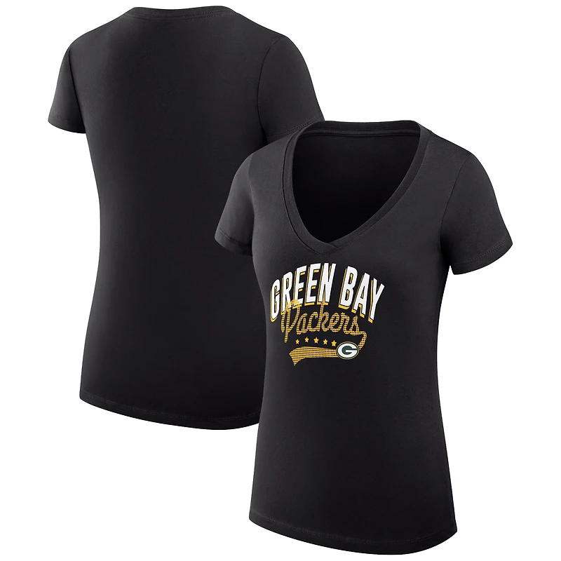 Women's G-III 4Her by Carl Banks Black Green Bay Packers Super-Slim Fit Lightweight Filigree Logo V-Neck T-Shirt