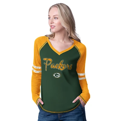 T-shirt à manches longues pour femme G-III 4Her par Carl Banks vert/or des Packers de Green Bay Winner