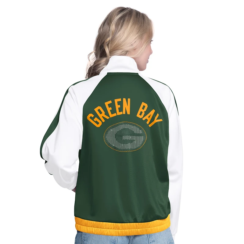 Women's G-III 4Her by Carl Banks White/Green Green Bay Packers Rally Rhinestone Full-Zip Track Jacket