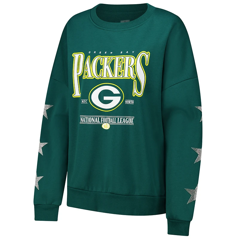 Women's Gameday Couture Green Bay Packers Rhinestone Star Sleeve Settle the Score Oversized Pullover Sweatshirt