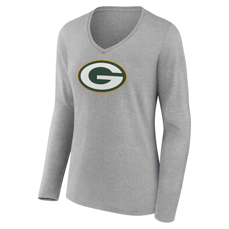 Women's  Gray Green Bay Packers Primary Logo Long Sleeve V-Neck T-Shirt