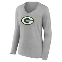 Women's  Gray Green Bay Packers Primary Logo Long Sleeve V-Neck T-Shirt