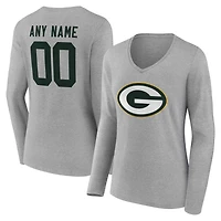 T-shirt à manches longues et col en V authentique personnalisé avec nom numéro des Green Bay Packers pour femmes, gris