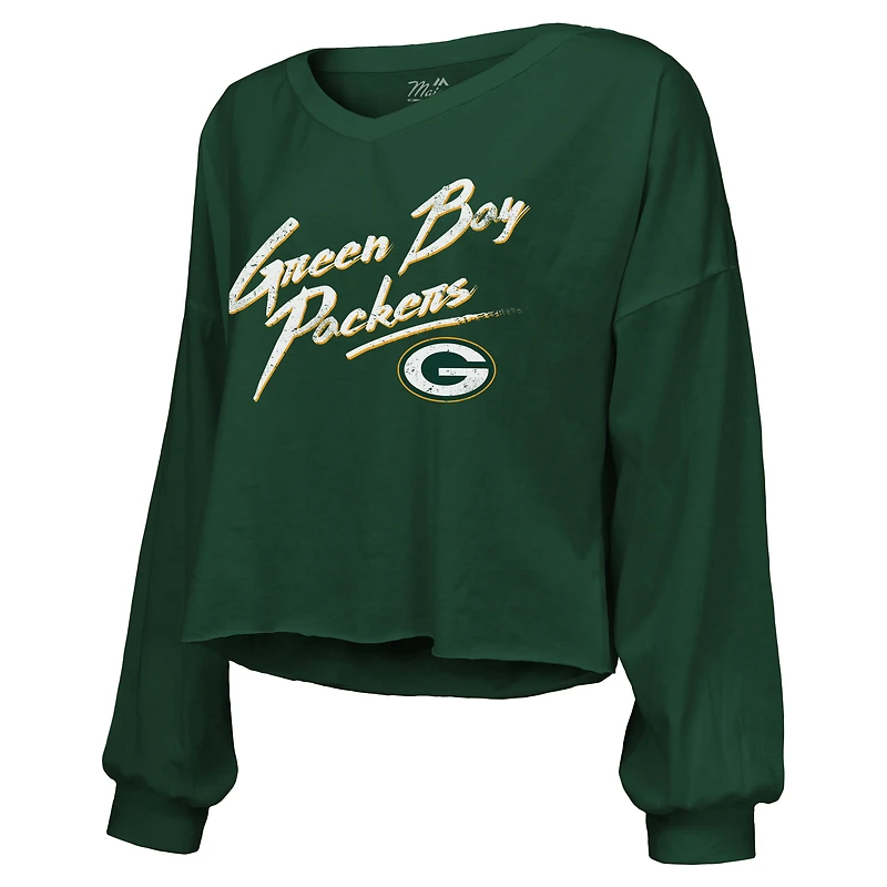 T-shirt court à manches longues et col en V décontracté pour femme Majestic Threads Jordan Love Green Bay Packers avec nom numéro
