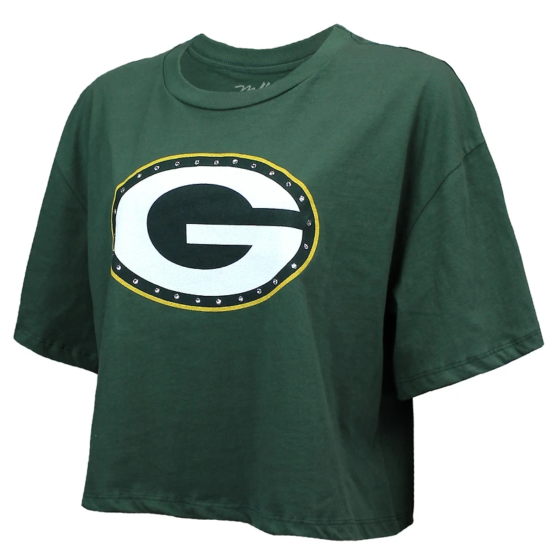 T-shirt court et ample pour femme Majestic Threads Jordan Love Green Bay Packers avec cristaux Swarovski nom numéro