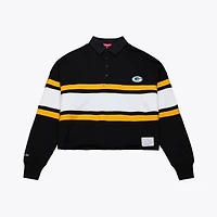 Women's Mitchell & Ness  Black Green Bay Packers Cropped Long Sleeve Rugby Polo