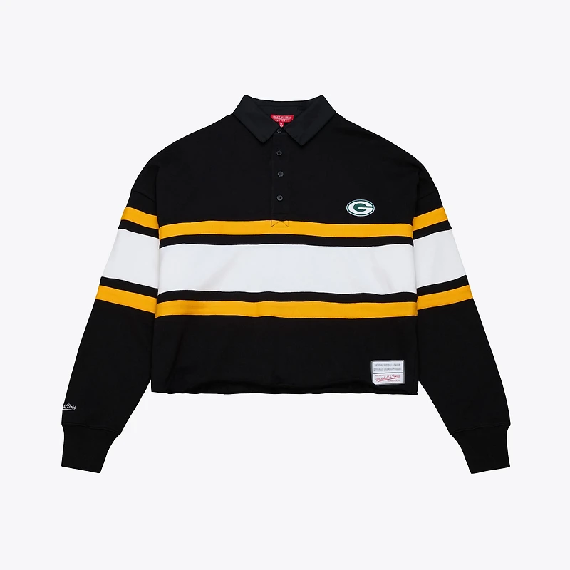 Women's Mitchell & Ness Black Green Bay Packers Cropped Long Sleeve Rugby Polo