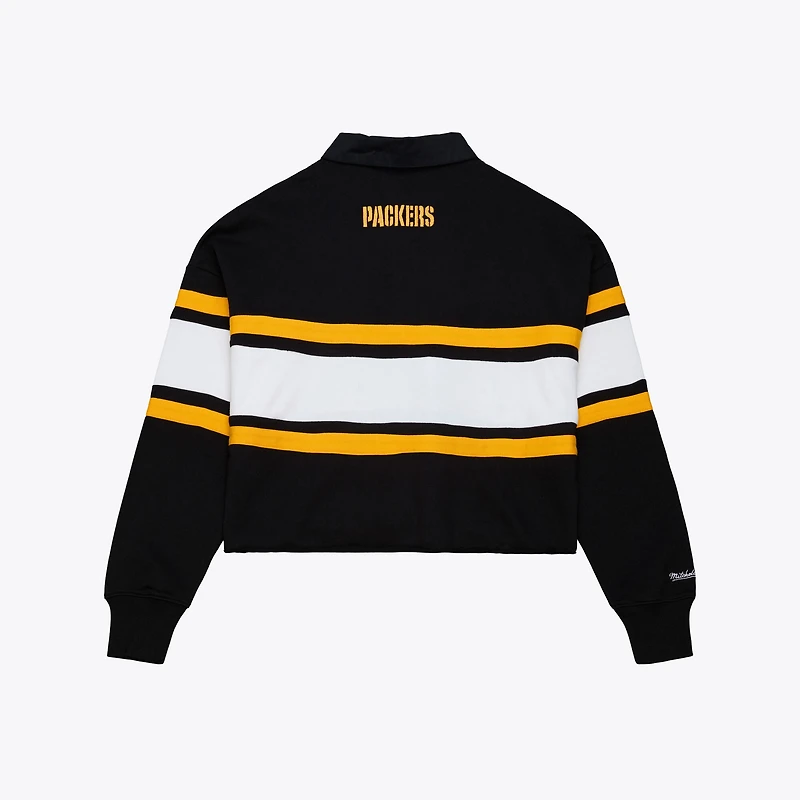 Women's Mitchell & Ness Black Green Bay Packers Cropped Long Sleeve Rugby Polo