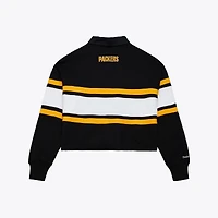 Women's Mitchell & Ness  Black Green Bay Packers Cropped Long Sleeve Rugby Polo