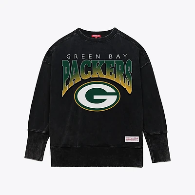 Sweat-shirt ras du cou noir délavé minéral pour femme Mitchell & Ness des Packers de Green Bay