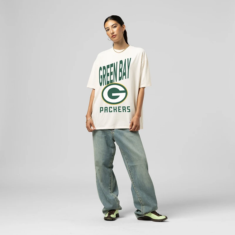 Women's Mitchell & Ness  Cream Green Bay Packers Logo Rise Boyfriend T-Shirt
