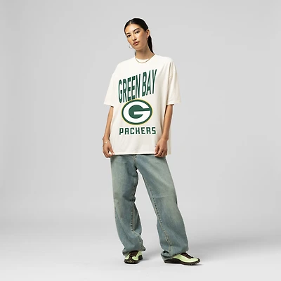 Women's Mitchell & Ness  Cream Green Bay Packers Logo Rise Boyfriend T-Shirt