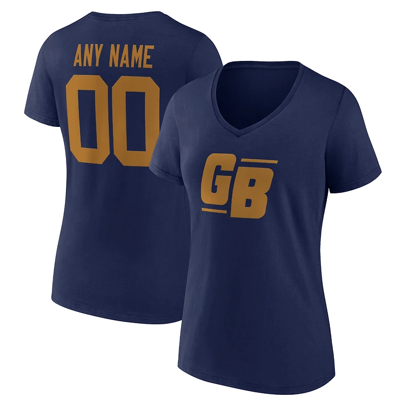 T-shirt à col en V authentique et classique personnalisé avec nom numéro des Green Bay Packers, bleu marine, pour femme