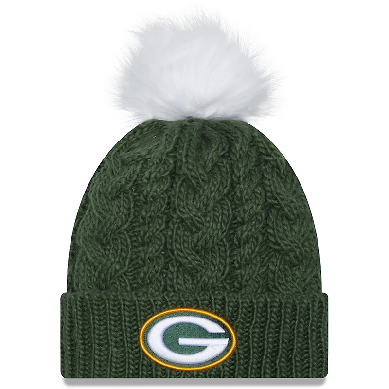 Bonnet en tricot à revers Green Bay Packers New Era pour femme avec pompon