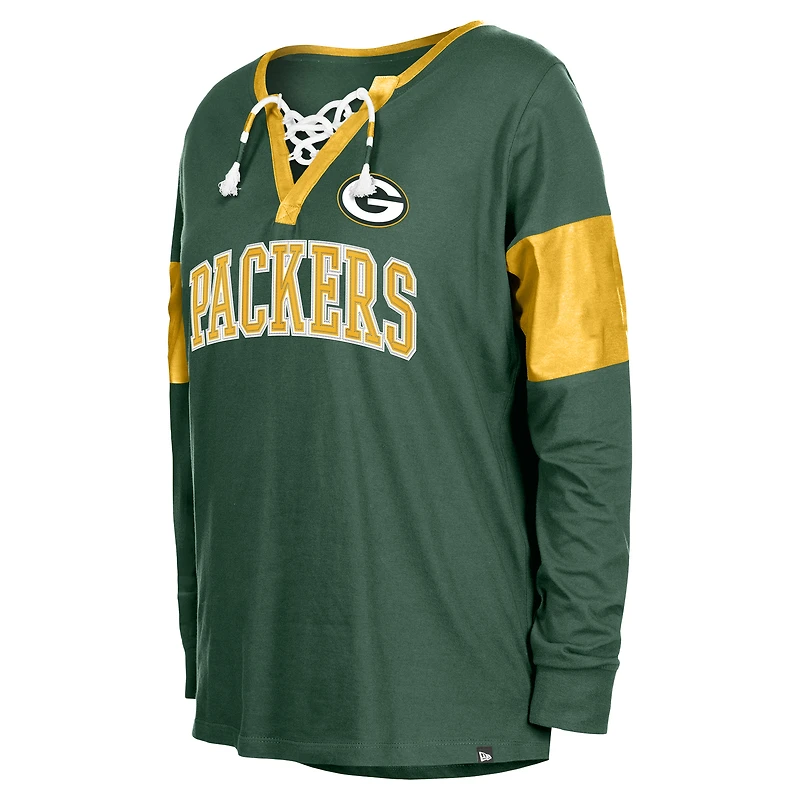 Women's New Era Green Bay Packers Lace-Up Notch-Neck Long Sleeve T-Shirt