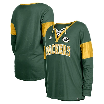 T-shirt à manches longues lacets et col cranté New Era pour femme, vert Green Bay Packers