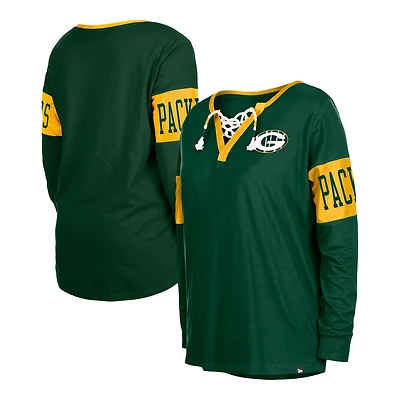 T-shirt à manches longues et col cranté lacets New Era Green Bay Packers pour femme