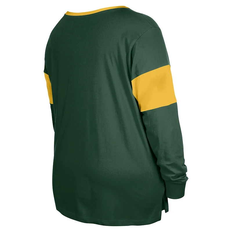 T-shirt à manches longues lacets et col cranté New Era pour femme, vert Green Bay Packers, grande taille