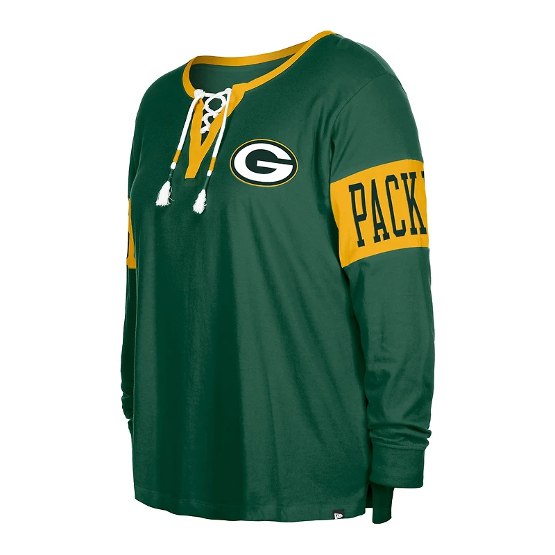 T-shirt à manches longues col cranté et lacets Green Bay Packers New Era pour femme, vert