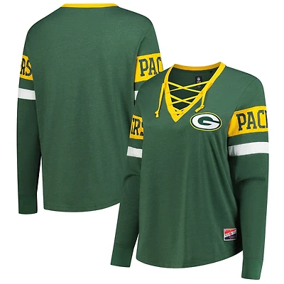 Women's New Era Green Bay Packers Plus Throwback Lace-Up Long Sleeve T-Shirt