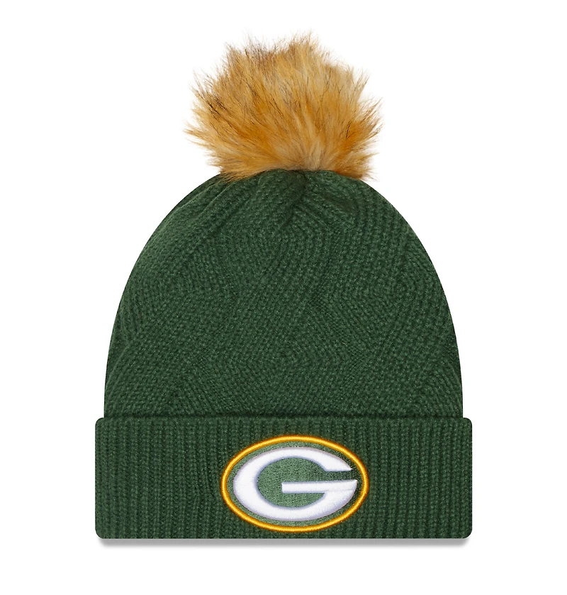 Bonnet en tricot à revers enneigé Green Bay Packers New Era pour femme avec pompon vert