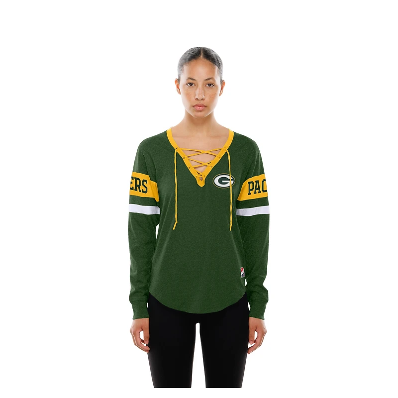 T-shirt à manches longues lacets rétro New Era Green Bay Packers pour femme
