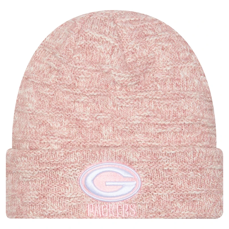 Bonnet en tricot à revers métallisé rose des Green Bay Packers de New Era pour femme