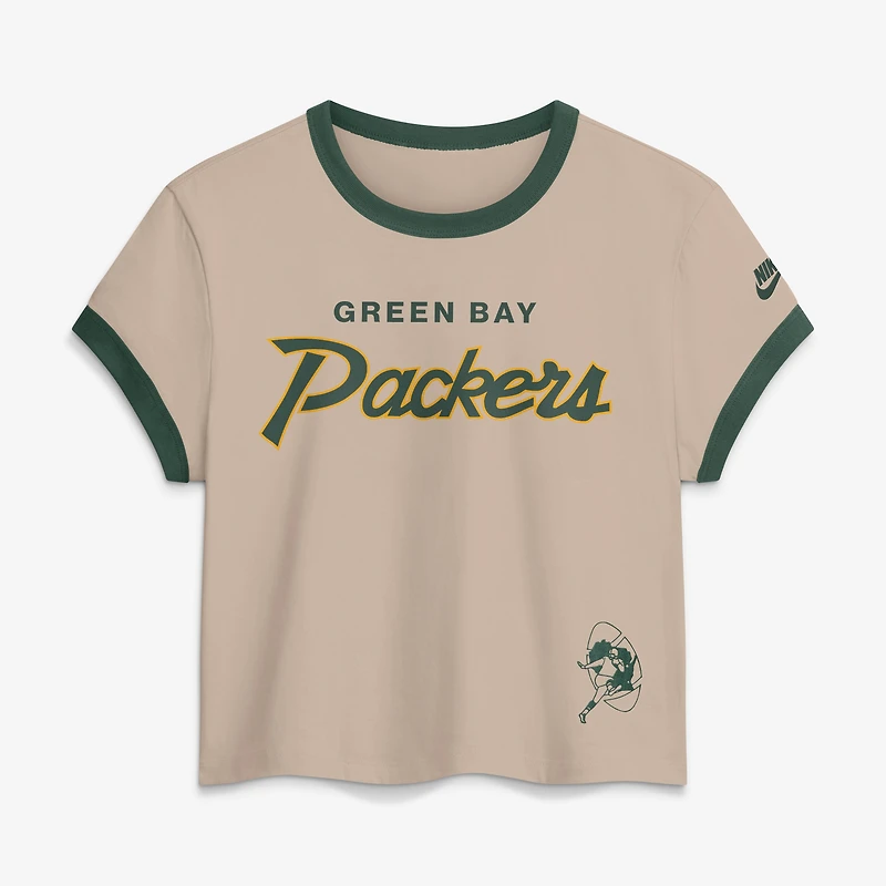 Women's Nike Cream Green Bay Packers Rewind Ringer Mod Cropped T-Shirt