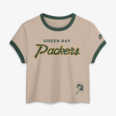 Women's Nike Cream Green Bay Packers Rewind Ringer Mod Cropped T-Shirt