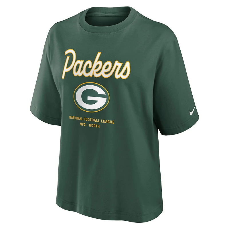 T-shirt Nike vert Green Bay Packers Essential Script pour femme, coupe décontractée