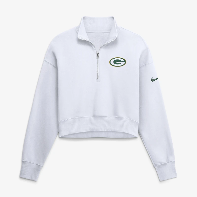 Women's Nike White Green Bay Packers Oversized Phoenix Fleece Cropped Quarter-Zip Sweatshirt