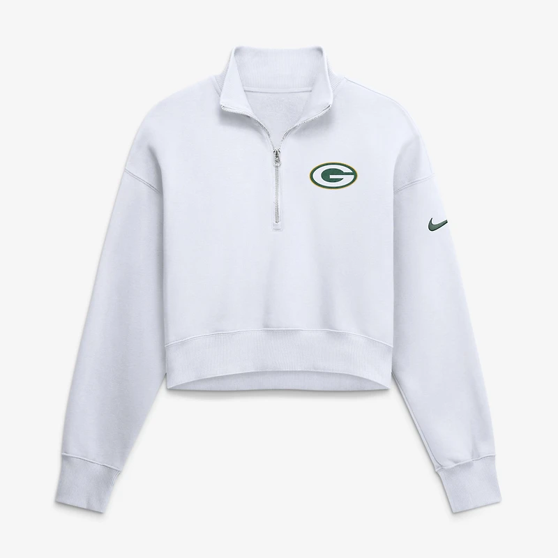 Women's Nike White Green Bay Packers Oversized Phoenix Fleece Cropped Quarter-Zip Sweatshirt
