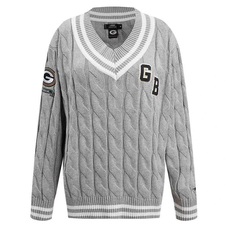 Women's Pro Standard  Heather Gray Green Bay Packers Prep V-Neck Pullover Sweater