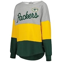 Women's Touch Heather Gray/Green Green Bay Packers Outfield Deep V-Back Waist Length Pullover Sweatshirt