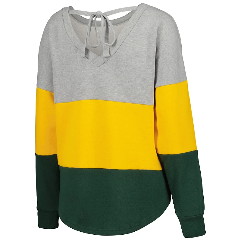 Women's Touch Heather Gray/Green Green Bay Packers Outfield Deep V-Back Waist Length Pullover Sweatshirt