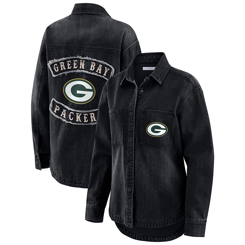 Women's WEAR by Erin Andrews Black Green Bay Packers Washed Oversized Denim Full-Snap Shacket