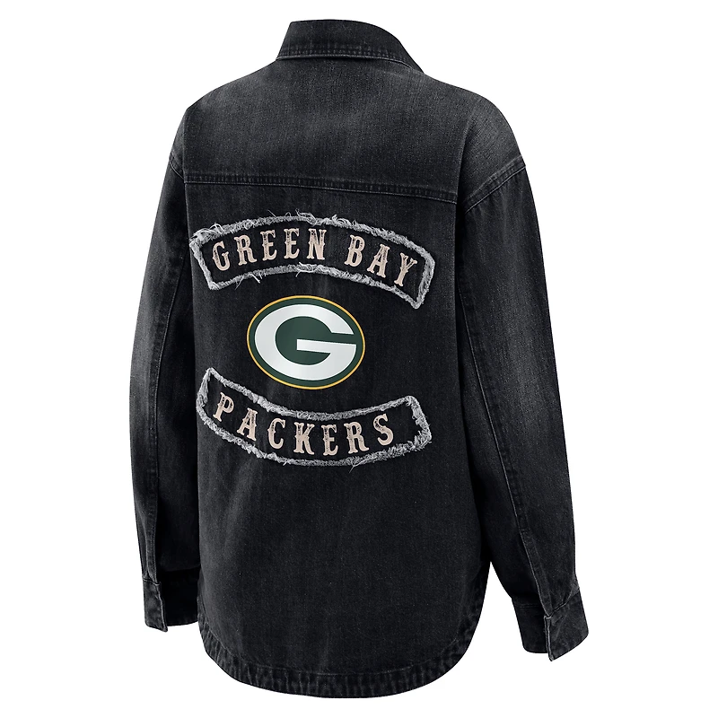 Veste-chemise oversize en denim délavé noir à boutons-pression des Packers de Green Bay pour femme par Erin Andrews