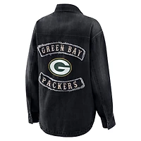 Veste-chemise oversize en denim délavé noir à boutons-pression des Packers de Green Bay pour femme par Erin Andrews