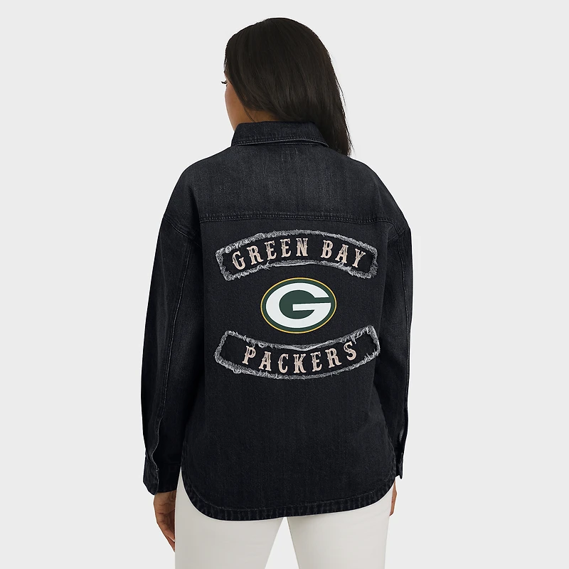Women's WEAR by Erin Andrews Black Green Bay Packers Washed Oversized Denim Full-Snap Shacket