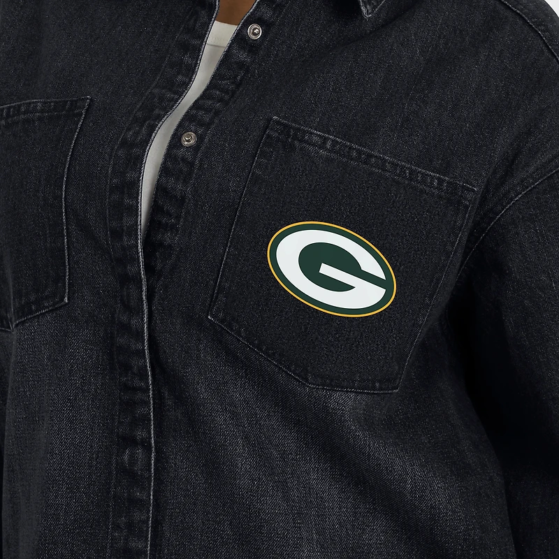 Veste-chemise oversize en denim délavé noir à boutons-pression des Packers de Green Bay pour femme par Erin Andrews